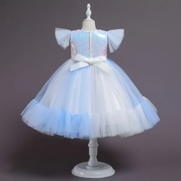 Lovely Sky Blue Sequins Birthday Flower Girl Dresses 2023 Ball Gown Scoop Neck Short Sleeve Bow Floor-Length / Long Flower Girl Dresses