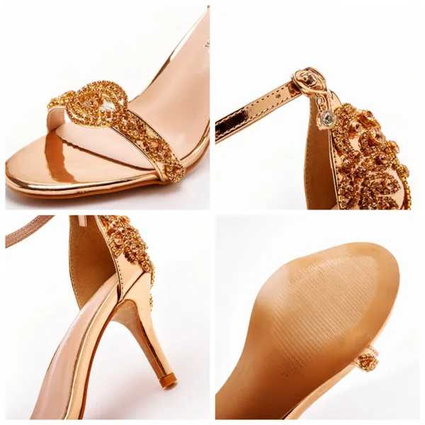Sexy Champagne Evening Party Rhinestone Womens Sandals 2023 Ankle Strap 7 cm Stiletto Heels Open / Peep Toe Sandals High Heels