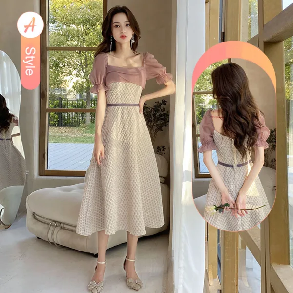 Modest / Simple Beige Bridesmaid Dresses 2022 A-Line / Princess Short Sleeve Backless Tea-length Bridesmaid