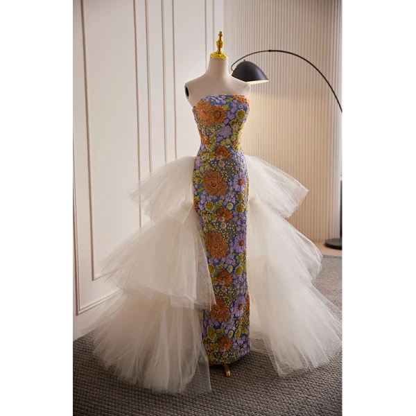 Vintage / Retro Multi-Colors Handmade Beading Sequins Lace Flower Evening Dresses 2023 Trumpet / Mermaid Strapless Sleeveless Backless Floor-Length / Long Evening Party Formal Dresses