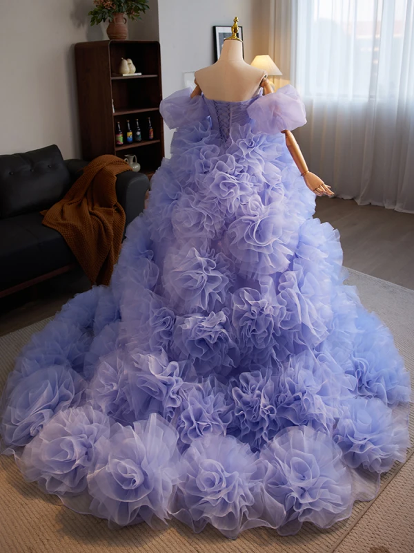 Fashion Lavender Ruffle Prom Dresses 2024 Ball Gown Strapless Puffy Short Sleeve Backless Sweep Train Prom Formal Dresses