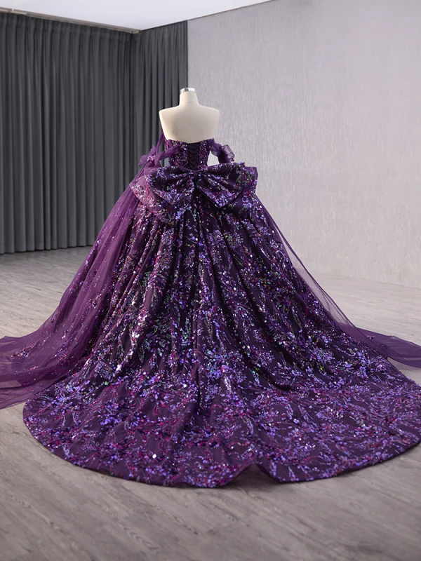 Sparkly Vintage Purple Paljetter Ballkjoler 2024 Ballkjole Kjæreste Uten Ermer Ryggløse Sløyfe Domstol Tog Ball Formelle Kjoler