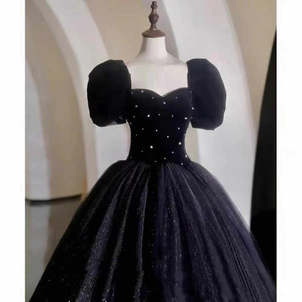 Bling Bling Bleu Marine Daim Étoile Paillettes Robe De Soirée 2023 Robe Boule Encolure Carrée Noeud Gonflée Manches Courtes Dos Nu Longue Soirée Robe De Ceremonie