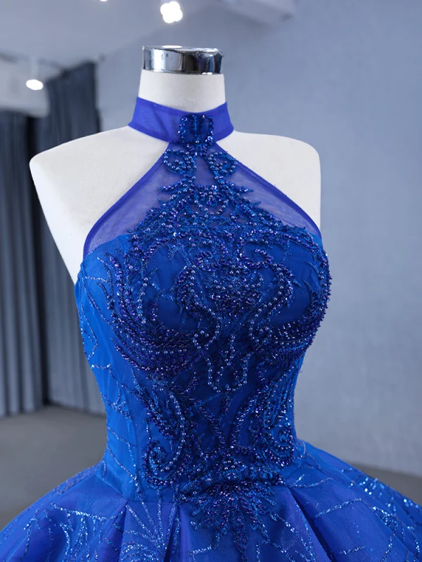 High-end Ocean Blue Handmade  Beading Pearl Sequins Lace Flower Chapel Train Prom Dresses 2024 Ball Gown Halter Sleeveless Backless Prom