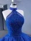 High-end Ocean Blue Handmade  Beading Pearl Sequins Lace Flower Chapel Train Prom Dresses 2024 Ball Gown Halter Sleeveless Backless Prom