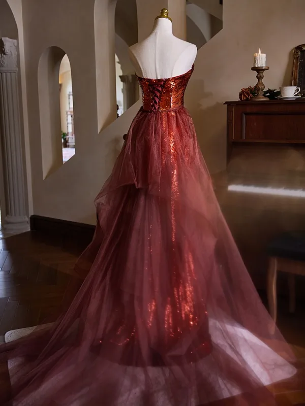 Scintillantes Bordeaux Paillettes Trompette / Sirène Robe De Soirée 2024 Bustier Sans Manches Dos Nu Train De Balayage Soirée Robe De Ceremonie