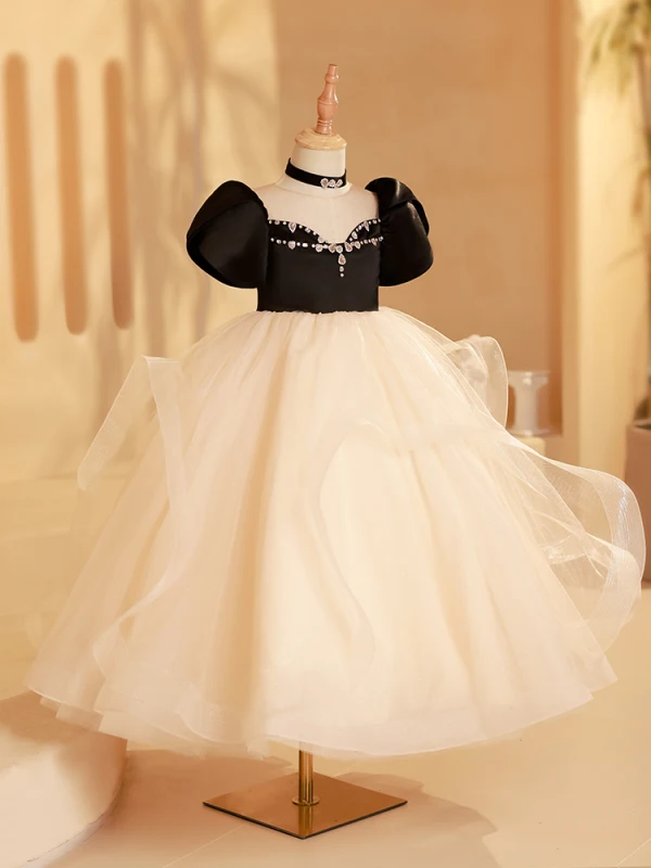 Elegant Black Rhinestone Birthday Flower Girl Dresses 2024 Ball Gown Scoop Neck Puffy Short Sleeve Backless Floor-Length / Long