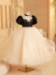 Elegant Black Rhinestone Birthday Flower Girl Dresses 2024 Ball Gown Scoop Neck Puffy Short Sleeve Backless Floor-Length / Long