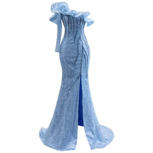 High End Charmant Himmelblau Perlenstickerei Pailletten Abendkleider 2023 Meerjungfrau One-Shoulder Lange Ärmel Rückenfreies Gespaltete Front Sweep / Pinsel Zug Abend Festliche Kleider