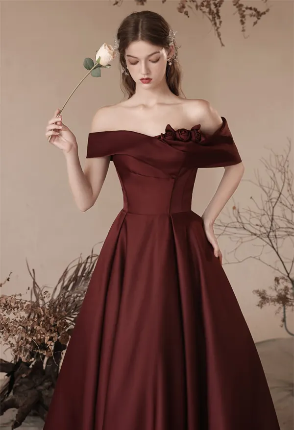 Vintage Burgunderrot Satin Ballkleider 2024 A Linie Ärmellos Off Shoulder Rückenfreies Lange Ball Festliche Kleider