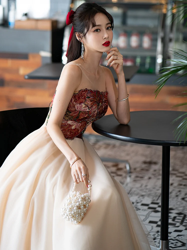 Chic Beautiful Champagne Embroidered Prom Dresses 2022 A Line Princess Strapless Sleeveless Backless Floor Length Long Formal Dresses Chic Beautiful Champagne Embroidered Prom Dresses 2022 A Line Princess Strapless Sleeveless Backless Floor Length Long Formal Dresses
