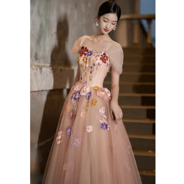 Elegant Blushing Pink Pearl Lace Flower Prom Dresses 2023 A-Line / Princess Square Neckline Short Sleeve Backless Floor-Length / Long Prom Formal Dresses