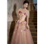 Elegant Blushing Pink Pearl Lace Flower Prom Dresses 2023 A-Line / Princess Square Neckline Short Sleeve Backless Floor-Length / Long Prom Formal Dresses