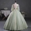 Elegant Sage Green Beading Appliques Prom Dresses 2023 V-Neck Short Sleeve Backless Floor-Length / Long Prom Formal Dresses