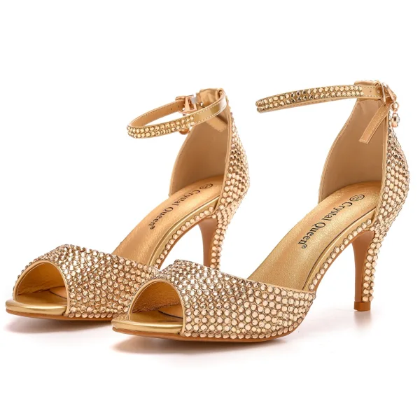 Sparkly Gold Rhinestone Evening Party Womens Sandals 2023 Ankle Strap 7 cm Stiletto Heels Open / Peep Toe Sandals High Heels