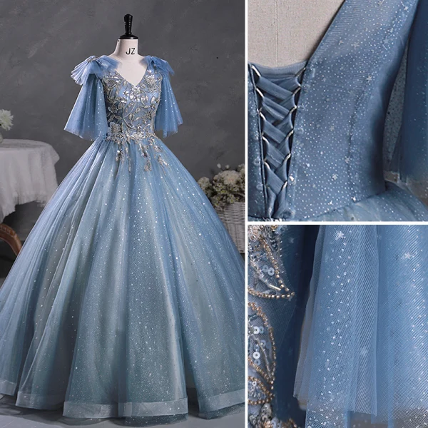 Sparkly Sky Blue Grey Beading Sequins Prom Dresses 2023 Ball Gown V-Neck Short Sleeve Backless Floor-Length / Long Prom Formal Dresses