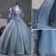 Sparkly Sky Blue Grey Beading Sequins Prom Dresses 2023 Ball Gown V-Neck Short Sleeve Backless Floor-Length / Long Prom Formal Dresses