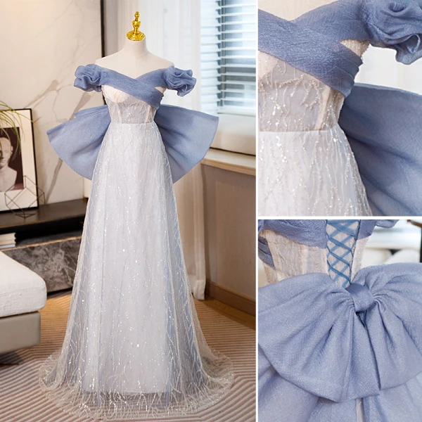Schöne Himmelblau Perlenstickerei Pailletten Abendkleider 2023 A Linie Off Shoulder Ärmellos Rückenfreies Schleife Lange Abend Festliche Kleider
