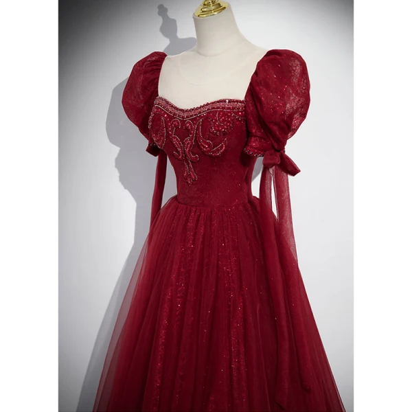 Elegant Burgundy Beading Rhinestone Prom Dresses 2023 A-Line / Princess Scoop Neck Puffy Short Sleeve Backless Floor-Length / Long Formal Dresses