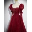 Elegant Burgundy Beading Rhinestone Prom Dresses 2023 A-Line / Princess Scoop Neck Puffy Short Sleeve Backless Floor-Length / Long Formal Dresses
