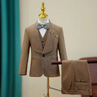 Coffee Long Sleeve 6 Piece Boys Wedding Suits 2024 Wedding Body Jewellery Coat Pants Shirt Tie Vest