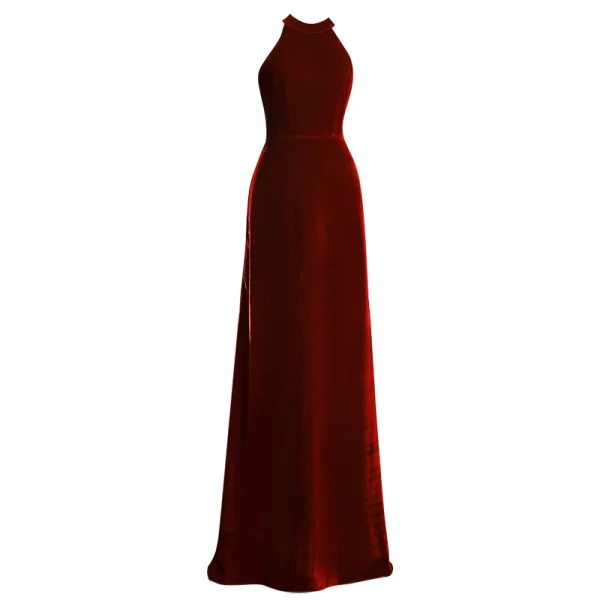 Fashion Burgundy Suede Evening Dresses 2022 A-Line / Princess Sleeveless Backless Halter Sweep Train Evening Party Formal Dresses