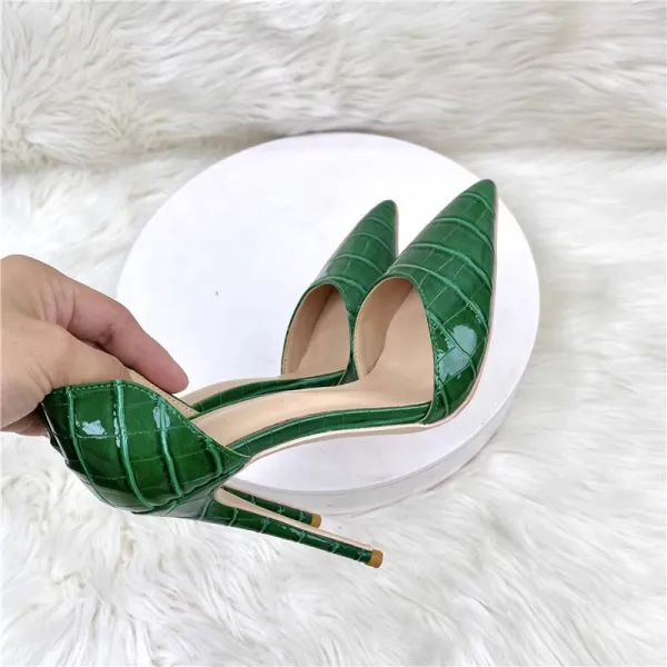 Sexy Dunkelgrün Krokodil-Muster Abend Spitzschuh Sandalen Damen 2023 12 cm Stilettos Sandaletten Hochhackige