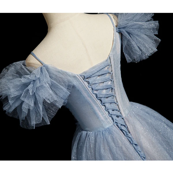 Bling Bling Himmelblau Perlenstickerei Strass Pailletten Ballkleider 2023 A Linie Spaghettiträger Rüschen Kurze Ärmel Rückenfreies Lange Ball Festliche Kleider