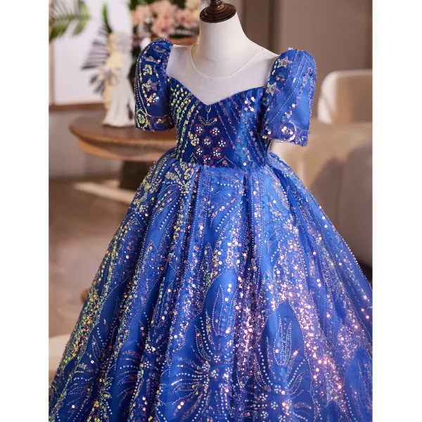 Sparkly Vintage / Retro Ocean Blue Pearl Sequins Birthday Flower Girl Dresses 2025 Ball Gown Scoop Neck Short Sleeve Backless Floor-Length / Long Tulle