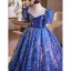 Sparkly Vintage / Retro Ocean Blue Pearl Sequins Birthday Flower Girl Dresses 2025 Ball Gown Scoop Neck Short Sleeve Backless Floor-Length / Long Tulle