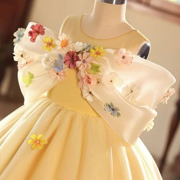 Lovely Yellow Bow Appliques Birthday Flower Girl Dresses 2025 Ball Gown Scoop Neck Short Sleeve Backless Floor-Length / Long Tulle