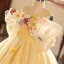 Lovely Yellow Bow Appliques Birthday Flower Girl Dresses 2025 Ball Gown Scoop Neck Short Sleeve Backless Floor-Length / Long Tulle