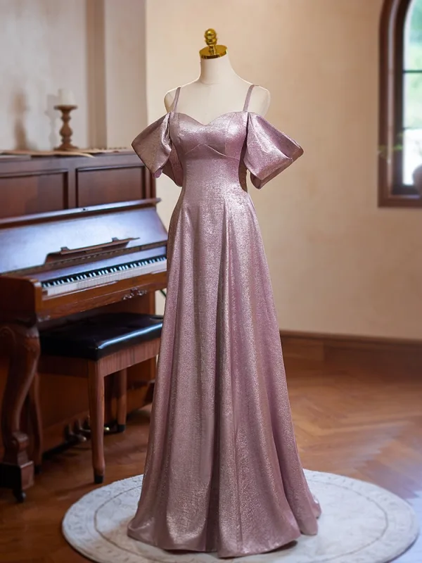 Chic / Beautiful Dusky Pink Glitter Prom Dresses 2024 A-Line / Princess Spaghetti Straps Short Sleeve Backless Floor-Length / Long Prom Formal Dresses