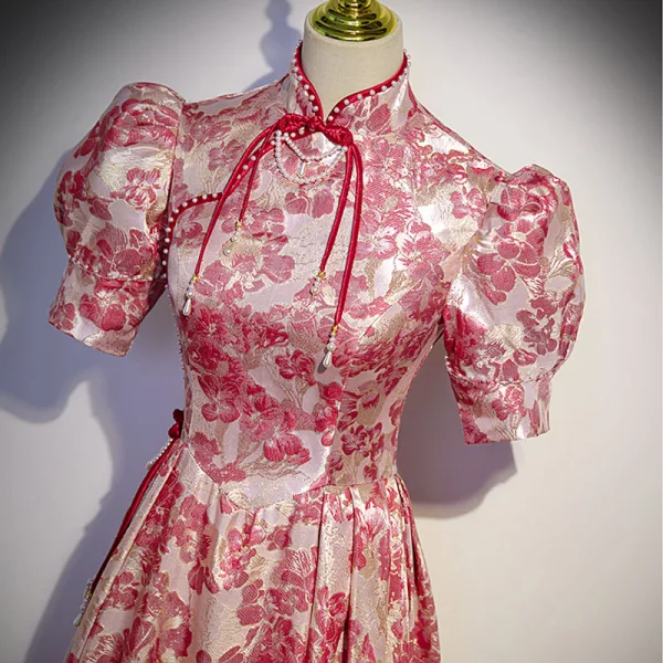 Fantaisie Bordeaux Impression Perle Robe De Soirée 2022 Princesse Satin Col Haut Gonflée Manches Courtes Dos Nu Longue Soirée Robe De Ceremonie