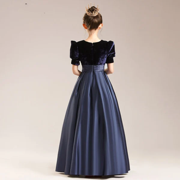 Vintage / Retro Satin Black Birthday Prom Flower Girl Dresses 2022 A-Line / Princess Scoop Neck Short Sleeve Floor-Length / Long Flower Girl Dresses