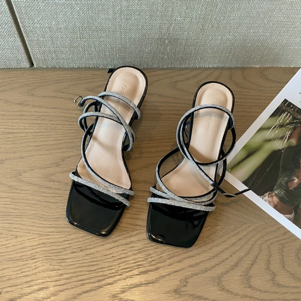 Sexy Silber Abend Sandalen Damen 2022 Strass Knöchelriemen 9 cm Stilettos Peeptoes Sandaletten Hochhackige