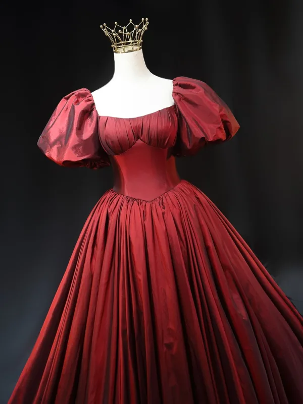 Vintage / Retro Burgundy Prom Dresses 2024 Ball Gown Square Neckline Puffy Short Sleeve Backless Sweep Train Prom Formal Dresses