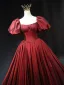 Vintage / Retro Burgundy Prom Dresses 2024 Ball Gown Square Neckline Puffy Short Sleeve Backless Sweep Train Prom Formal Dresses