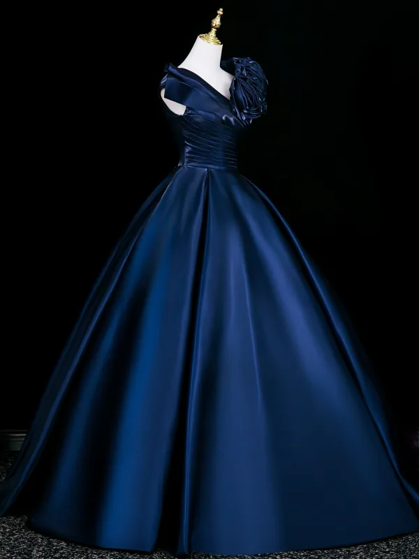 Vintage / Retro Navy Blue Ruffle Flower Prom Dresses 2026 Ball Gown Square Neckline Short Sleeve Backless Floor-Length / Long Formal Dresses
