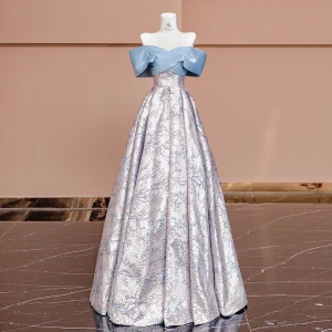 Mode Bleu Ciel Impression Robe De Bal 2024 Princesse De L Épaule Manches Courtes Dos Nu Longue Promo Robe De Ceremonie