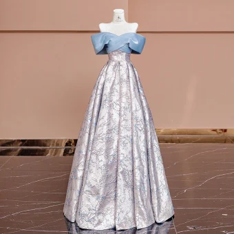 Fashion Sky Blue Printing Prom Dresses 2024 A Line Princess Off The Shoulder Short Sleeve Backless Floor Length Long Prom Formal Dresses