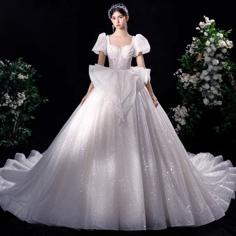 Luxe Ivoire Perlage Perle Paillettes Robe De Mariée 2022 Robe Boule Encolure Carrée Gonflée Manches Courtes Dos Nu Noeud Royal Train Mariage