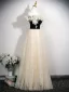 Chic / Beautiful Champagne Appliques Prom Dresses 2025 A-Line / Princess Off-The-Shoulder Short Sleeve Backless Floor-Length / Long Formal Dresses