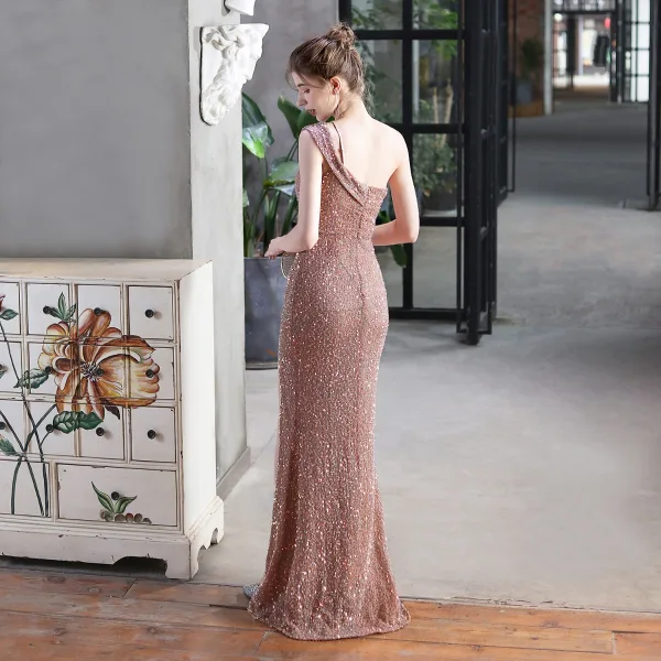 Scintillantes Noire Paillettes Robe De Soirée 2022 Trompette / Sirène Une épaule Sans Manches Dos Nu Longue Soirée Robe De Ceremonie