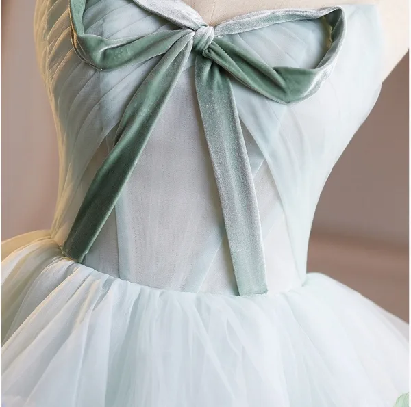 Flower Fairy Sage Green Appliques Cascading Ruffles Prom Dresses 2026 Ball Gown Strapless Bow Sleeveless Backless Sweep Train Formal Dresses
