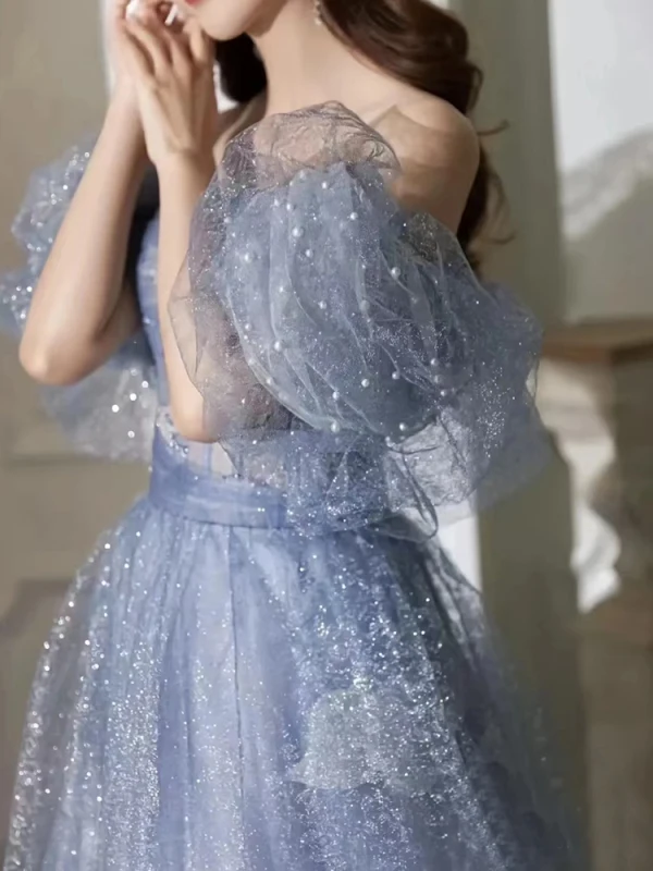 Sexy Ocean Blue Pearl Sequins Evening Dresses 2023 A-Line / Princess Sleeveless Backless Floor-Length / Long Tulle Off-The-Shoulder Evening Party Formal Dresses