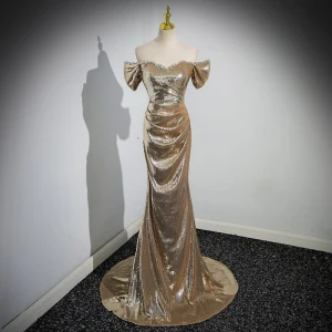 Sparkly Gold Sequins Evening Dresses 2023 Trumpet Mermaid Off The Shoulder Short Sleeve Backless Sweep Train Evening Party Formal Dresses