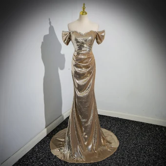 Brillante Oro Lentejuelas Vestidos De Noche 2023 Trumpet Mermaid Fuera Del Hombro Manga Corta Sin Espalda Colas De Barrido Noche Vestidos Formales