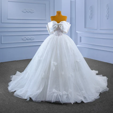 High-end White Beading Sequins Wedding Dresses 2022 Ball Gown Strapless Bow Sleeveless Backless Sweep Train Wedding