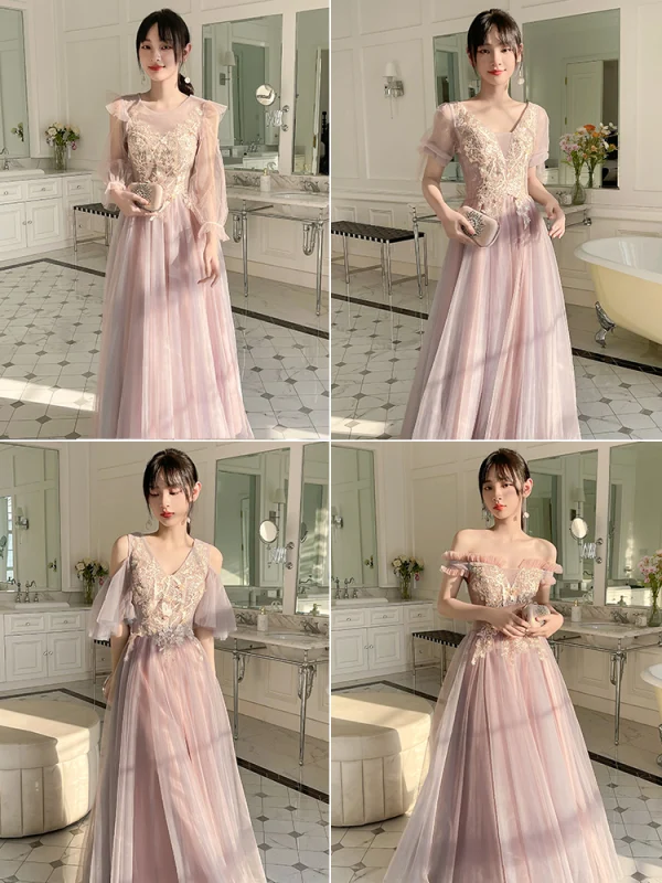 Chic / Beautiful Blushing Pink Lace Flower Bridesmaid Dresses 2023 A-Line / Princess Short Sleeve Backless Floor-Length / Long Bridesmaid Dresses